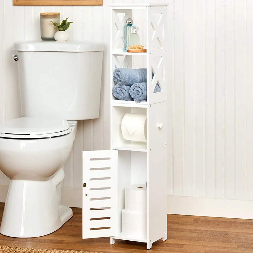 Bathroom Storage Unit with Toilet Paper Dispenser, 2 Shelves, and Cupboard - Image 3