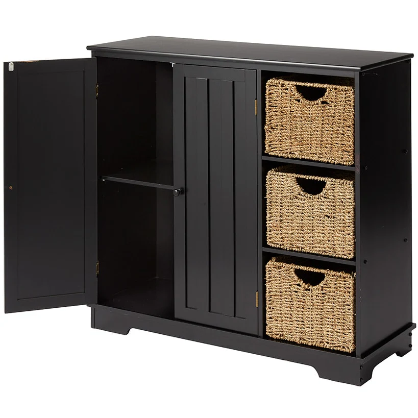 Beadboard Wooden Cabinet with 3 Storage Shelves and Cupboard - Image 4