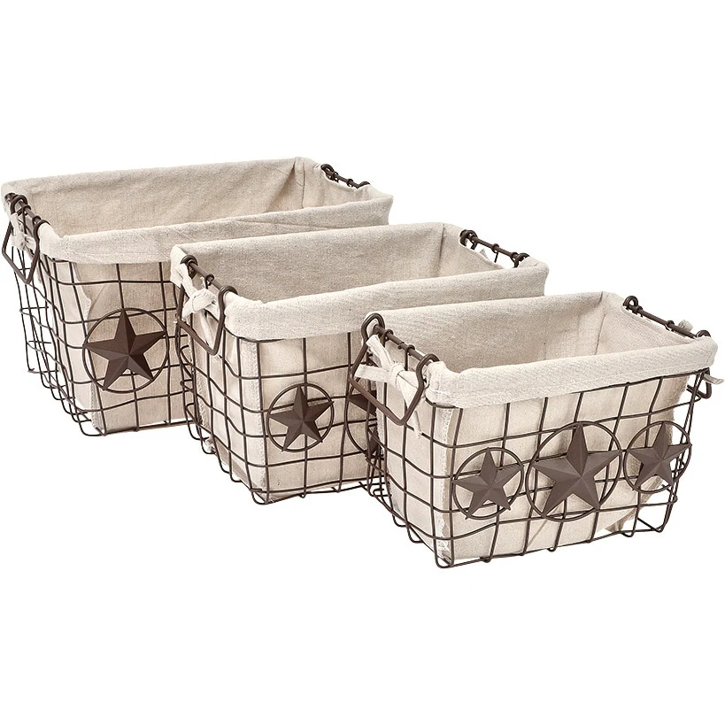 Brown Metal Storage Baskets with Star Accent and Polyester Lining Set of 3 - Image 4