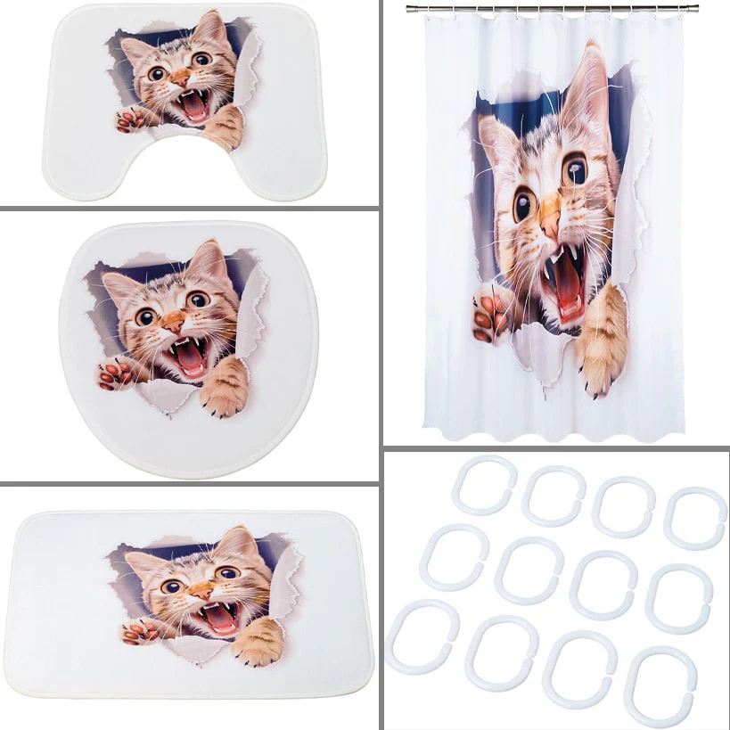 Cat Memory Foam Bath Rugs and Shower Curtain 16 Pc Set - Image 8