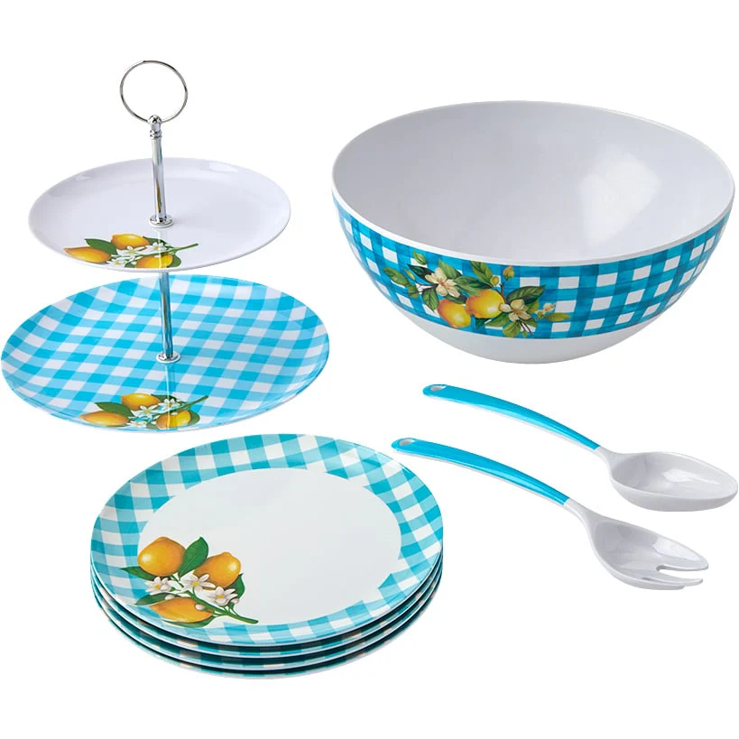 Citrus Chic Blue Plaid and Lemon Print 2-Tier Serving Tray - Image 2