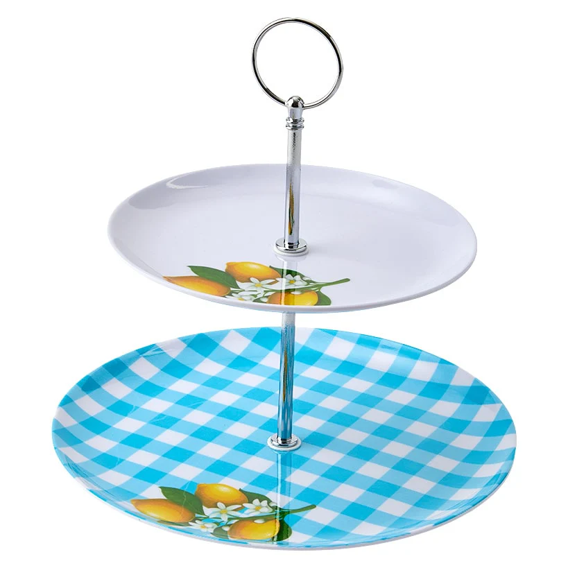 Citrus Chic Blue Plaid and Lemon Print 2-Tier Serving Tray - Image 5