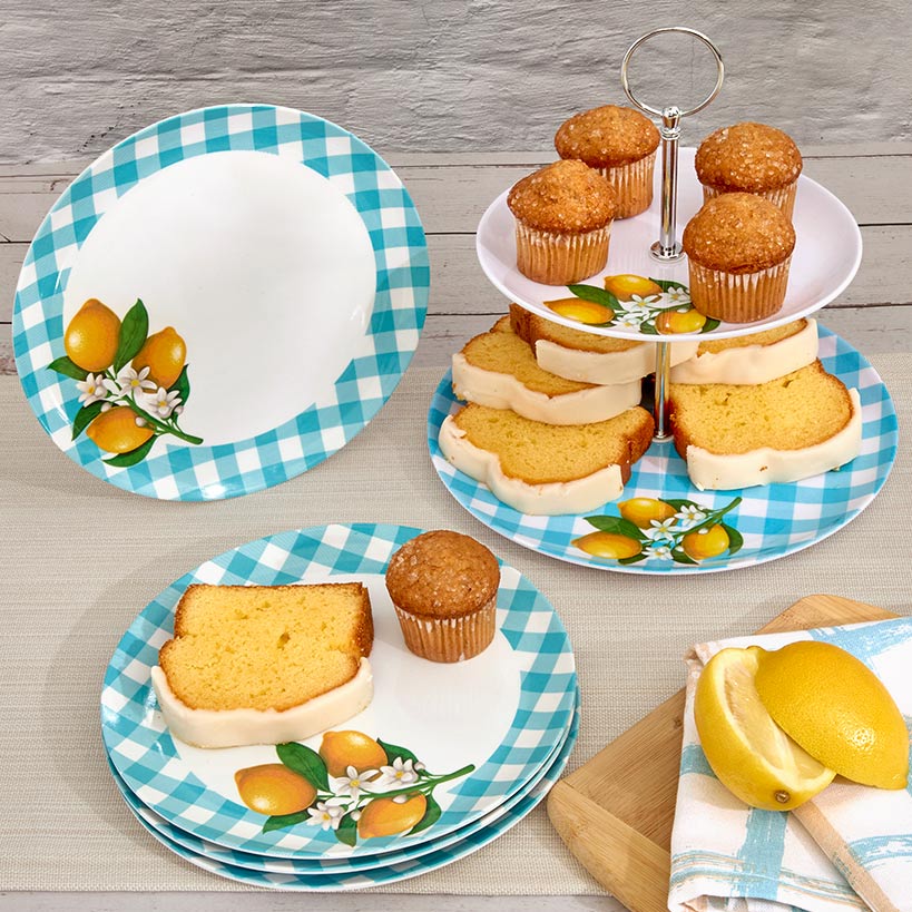 Citrus Chic Blue Plaid and Lemon Print Melamine Dessert Plates - Image 3