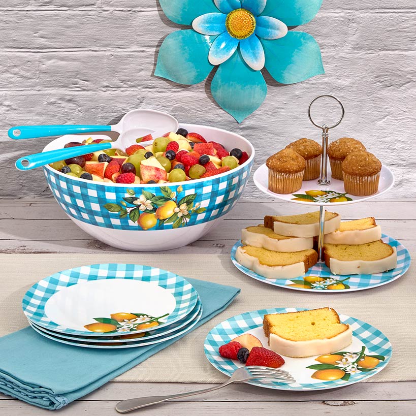 Citrus Chic Blue Plaid and Lemon Print Melamine Salad Bowl with Utensils - Image 7