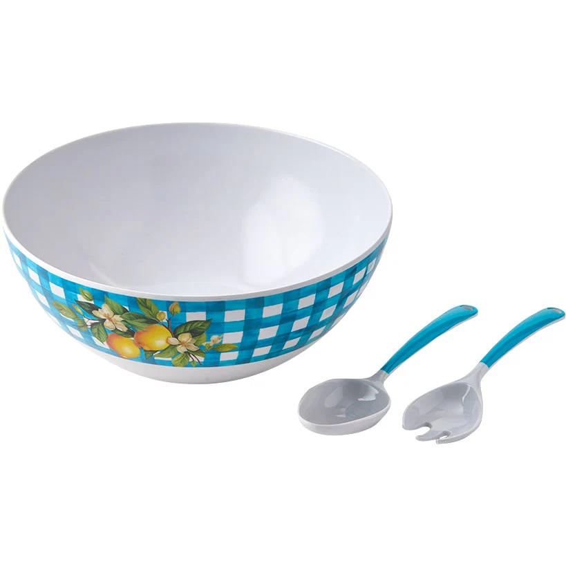 Citrus Chic Blue Plaid and Lemon Print Melamine Salad Bowl with Utensils - Image 8