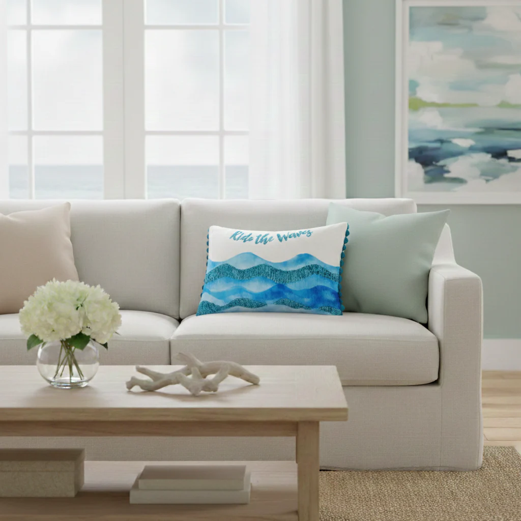 Coastal Inspired Embroidered Decorative Pillow - Image 2