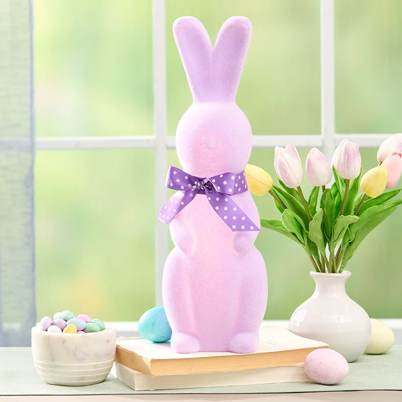 Easter Flocked Lighted Bunny Tabletop Décor - Green, Pink, Or Lavender - Image 2