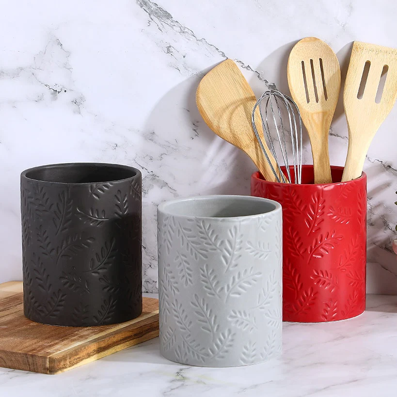 Embossed Kitchen Tool Crock Decorative Utensil Holder