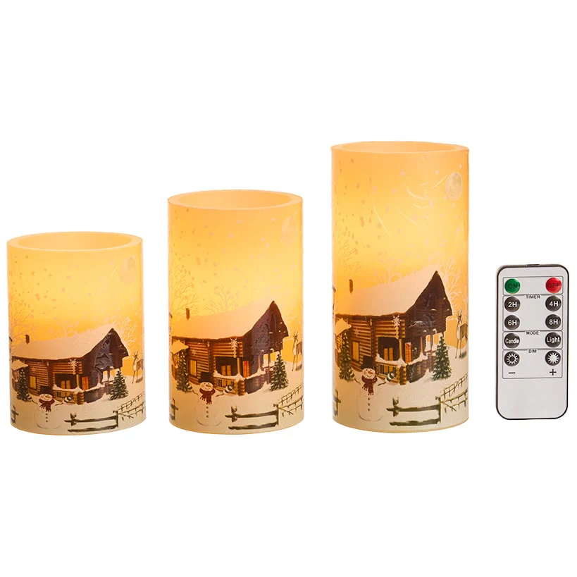 Flameless Flickering LED Candles with Winter Art- Set of 3 - Image 6