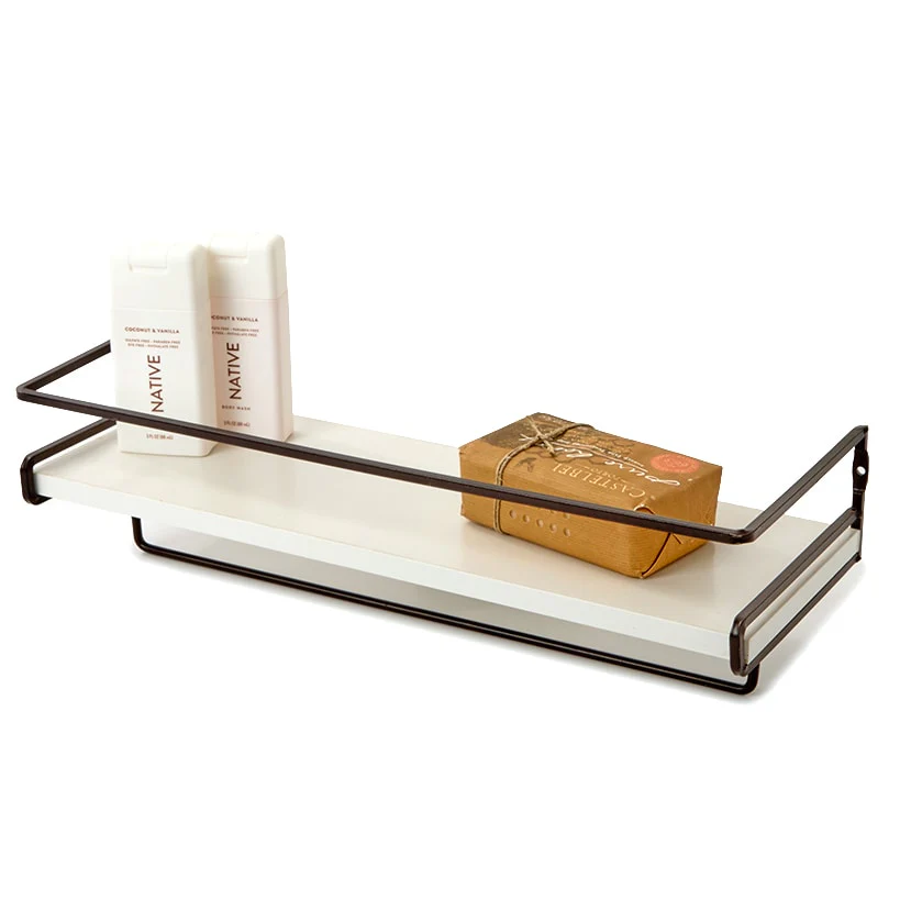 Floating Wall Mounted White Shelves with Metal Bar - Set of 2 - Image 4