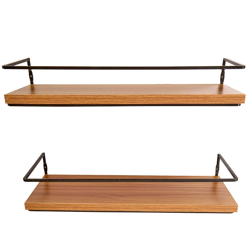 Floating Wall Mounted Wood Shelves with Metal Bar - Set of 2 - Image 2