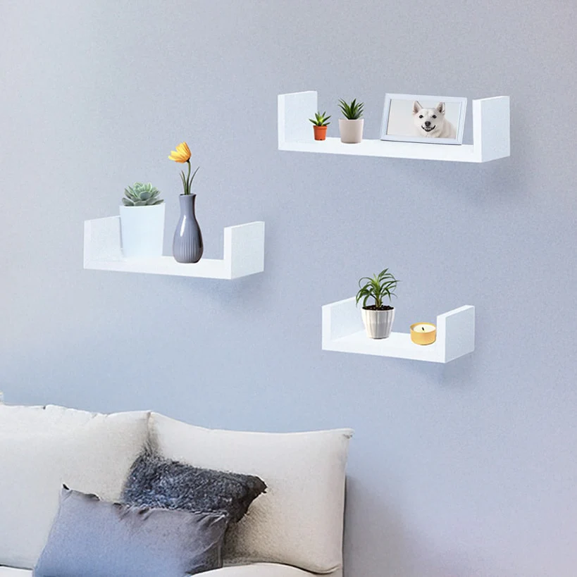 Floating Wood Shelves in White - Set of 3