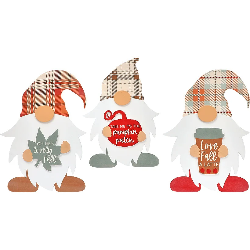 Gnome Fall Plaid Wood Tabletop Decor With Message 3 Pc - Image 2