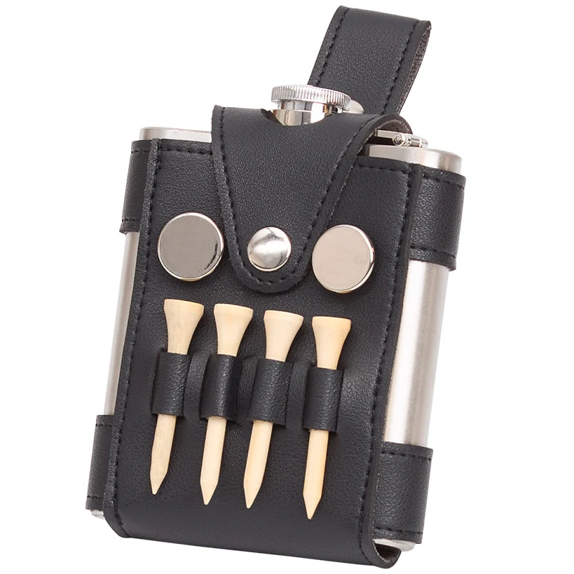 Golfer's Flask - Leather Case, Tees and Divot Tool Included