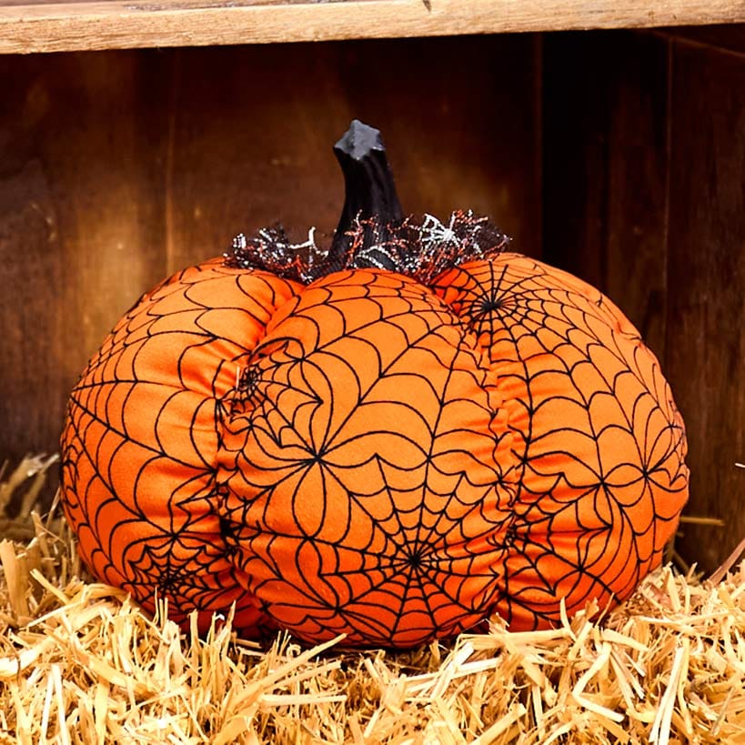 Halloween Plush Webbed Pumpkin Decor - Orange or Purple - Image 2