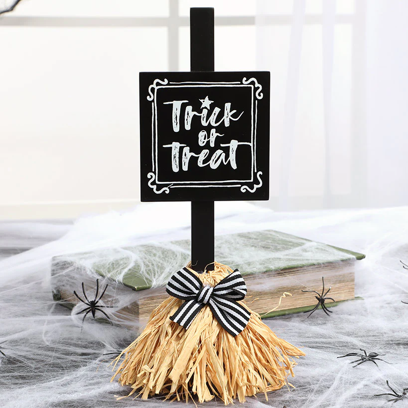 Halloween Witch's Broom Tabletop Rectangular Sign With Message And Bow - Image 2