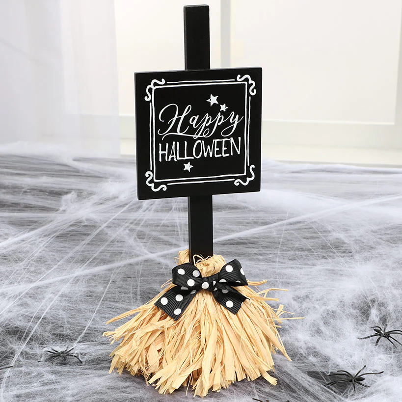 Halloween Witch's Broom Tabletop Rectangular Sign With Message And Bow - Image 3
