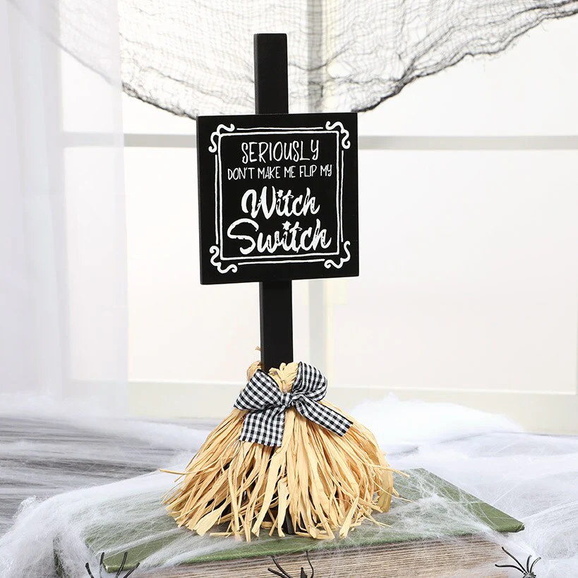 Halloween Witch's Broom Tabletop Rectangular Sign With Message And Bow - Image 4