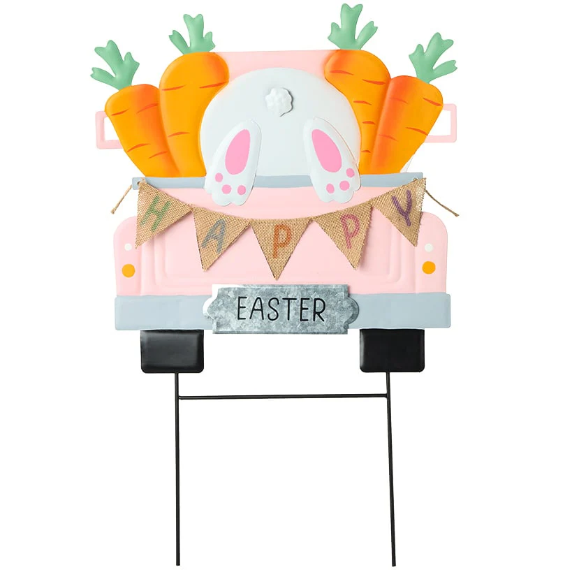 Happy Easter Pink Truck Stake With Hopping Bunny And Carrots - Image 2