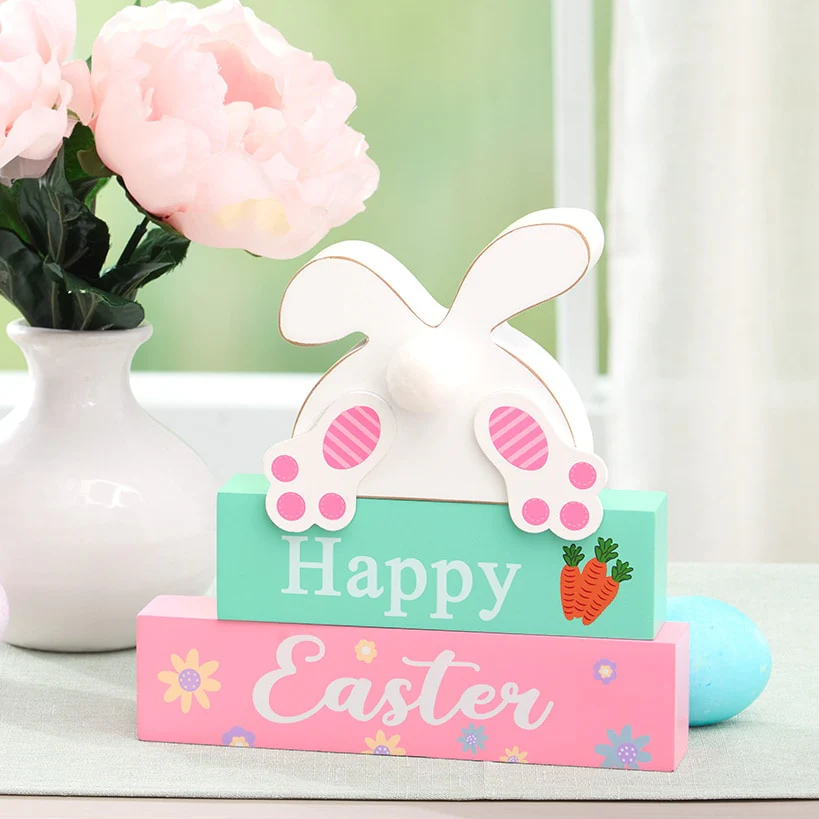 Happy Easter Stacked Block Sign with Bunny - Natural or Spring - Image 2