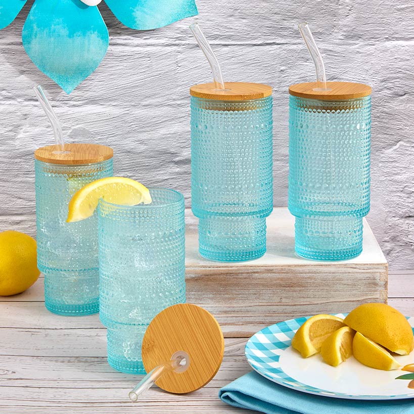 Hobnail Blue Glasses with Bamboo Lids and Glass Straws - Set of 4 - Image 3