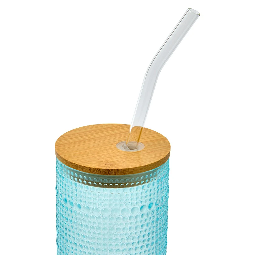 Hobnail Blue Glasses with Bamboo Lids and Glass Straws - Set of 4 - Image 6