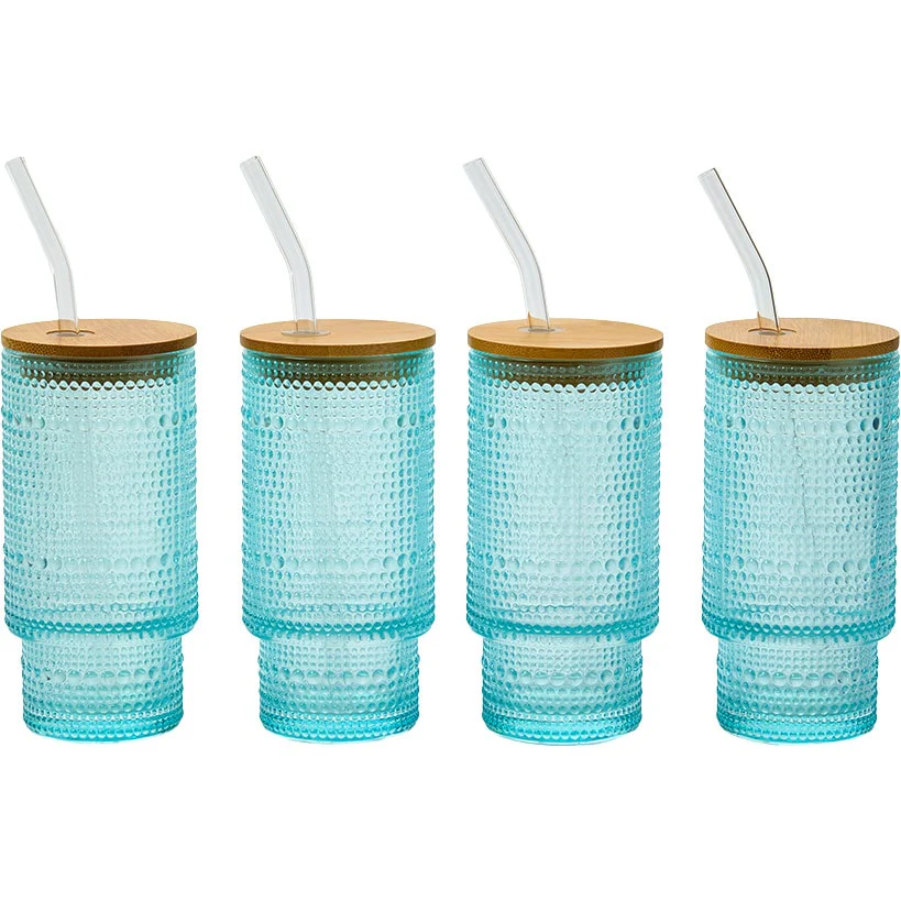 Hobnail Blue Glasses with Bamboo Lids and Glass Straws - Set of 4 - Image 8