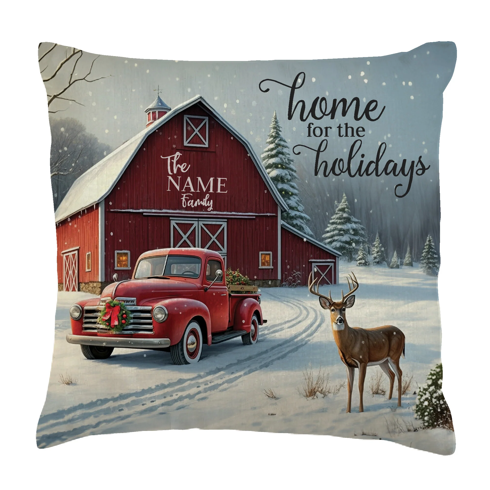 Personalized Home for the Holidays Red Barn 14" Throw Pillow - Image 2