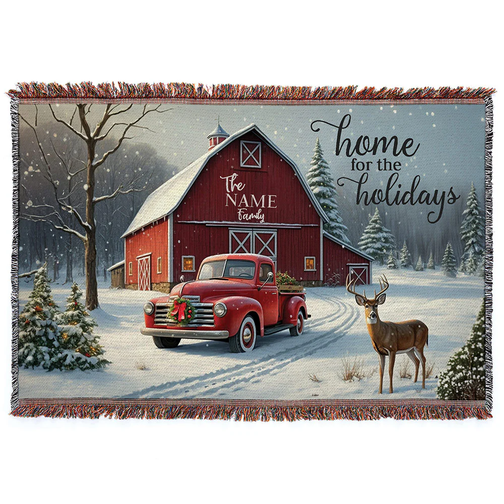 Personalized Home for the Holidays Red Barn Fringe Throw Blanket - Image 3