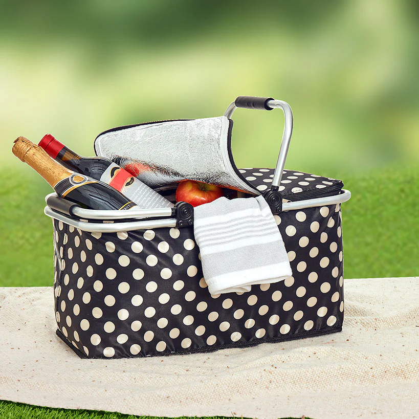 Insulated Cooler Picnic Basket Handles Zip Closure Floral Or Polka Dot - Image 2