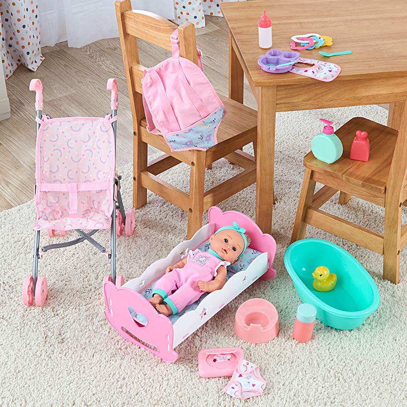 Kids' 12" Baby Doll Play Set - Movable Doll with Stroller and Bathtub - Image 2