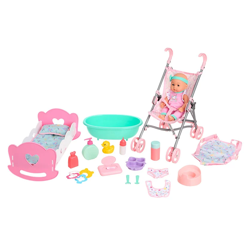 Kids' 12" Baby Doll Play Set - Movable Doll with Stroller and Bathtub - Image 3
