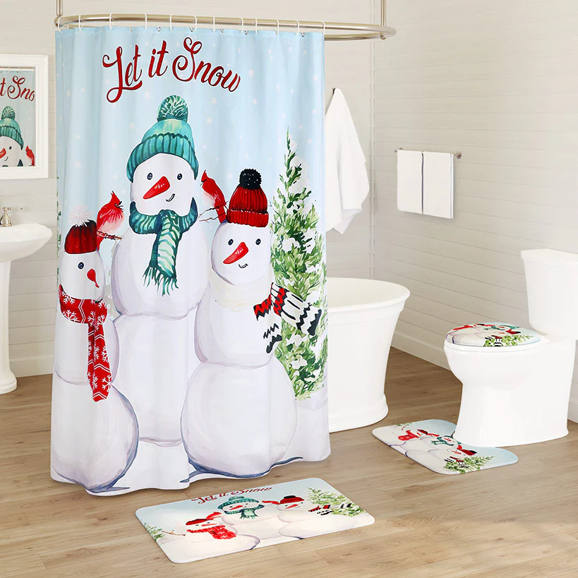 Memory Foam Bath Rugs & Shower Curtain Complete 16-Pc Set Snow Family