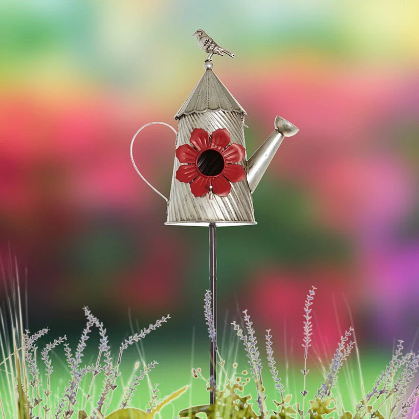 Metal Birdhouse Garden Stakes – Yellow, Red, and Blue Colors - Image 3