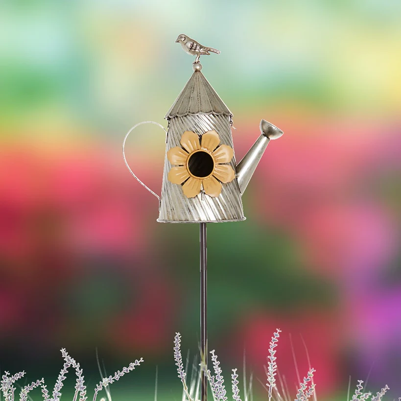 Metal Birdhouse Garden Stakes – Yellow, Red, and Blue Colors - Image 5