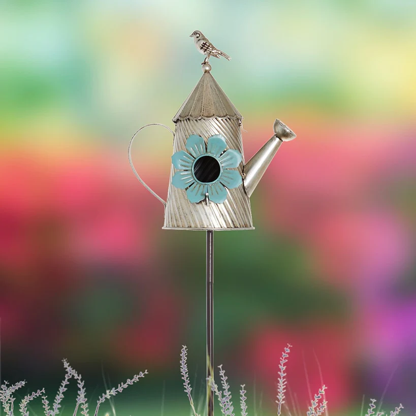 Metal Birdhouse Garden Stakes – Yellow, Red, and Blue Colors - Image 7