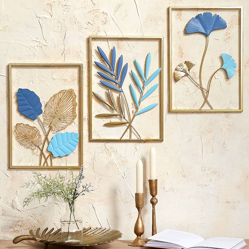Metal Blue Leaf Wall Art Trio Set - Image 3