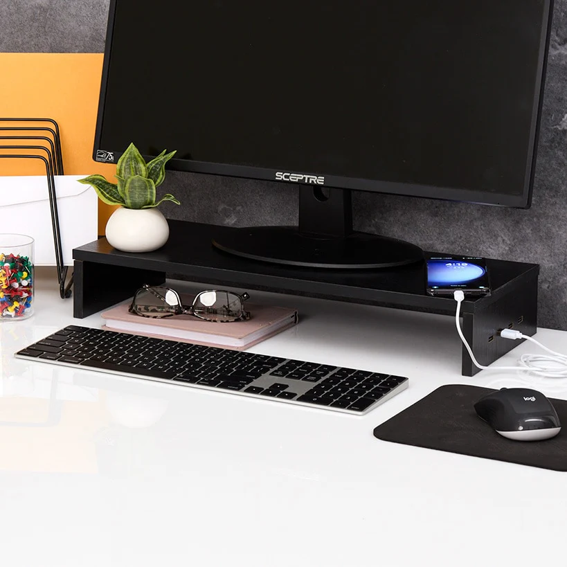 Monitor Stand Wooden Riser 4 USB 2.0 Charging Ports Black Or White - Image 2