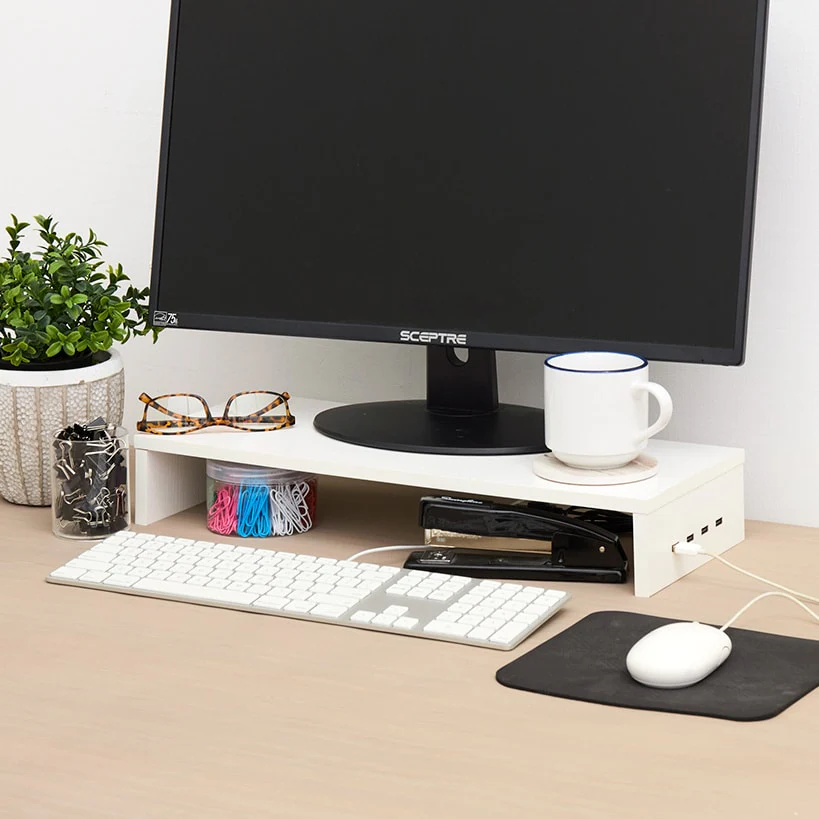 Monitor Stand Wooden Riser 4 USB 2.0 Charging Ports Black Or White - Image 3