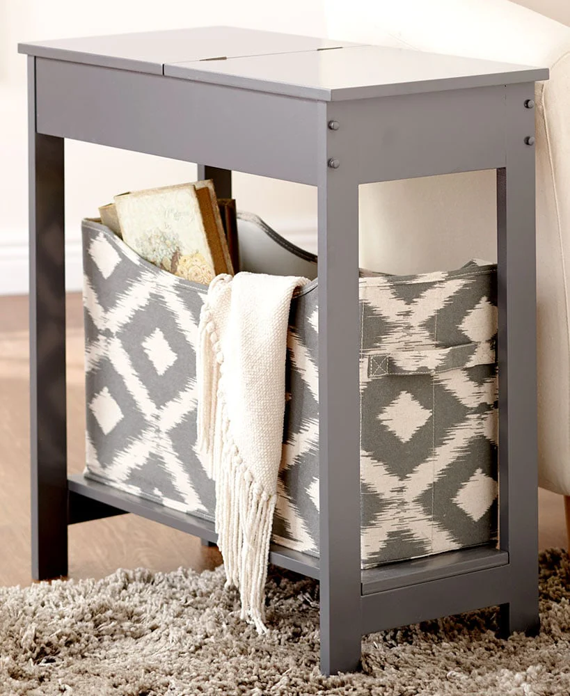 Narrow Wood Side Table with Flip-Top and Fabric Storage Bin - Image 11