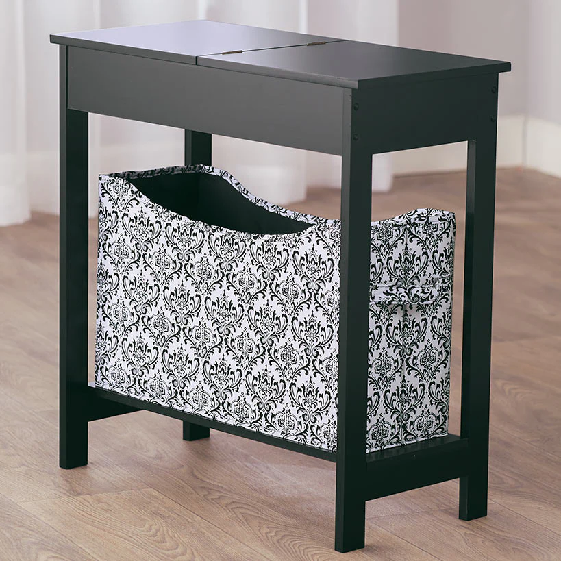 Narrow Wood Side Table with Flip-Top and Fabric Storage Bin - Image 7