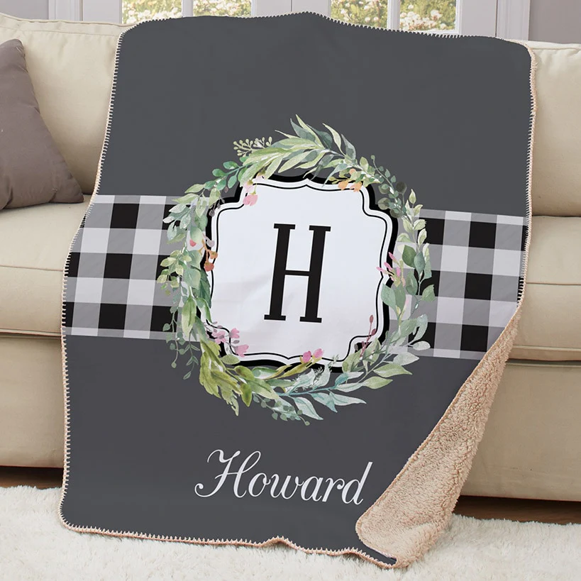 Personalized Farmhouse Plaid Wreath Sherpa Throw