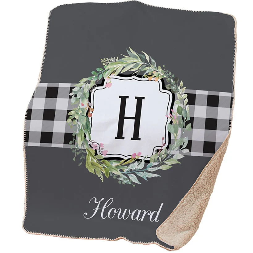 Personalized Farmhouse Plaid Wreath Sherpa Throw - Image 2