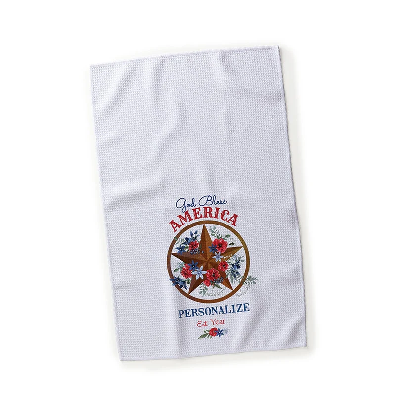 Personalized Patriotic Star Floral Waffle Tea Towel - Image 2