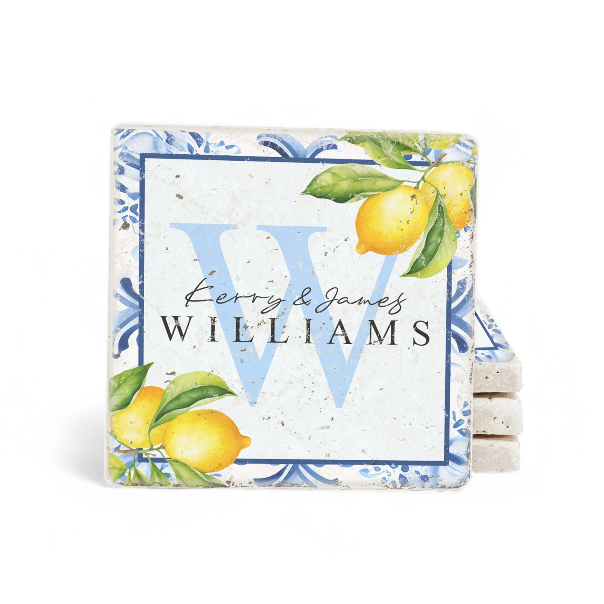 Personalized Set of 4 Blue Lemon Floral Travertine Coasters - Image 2