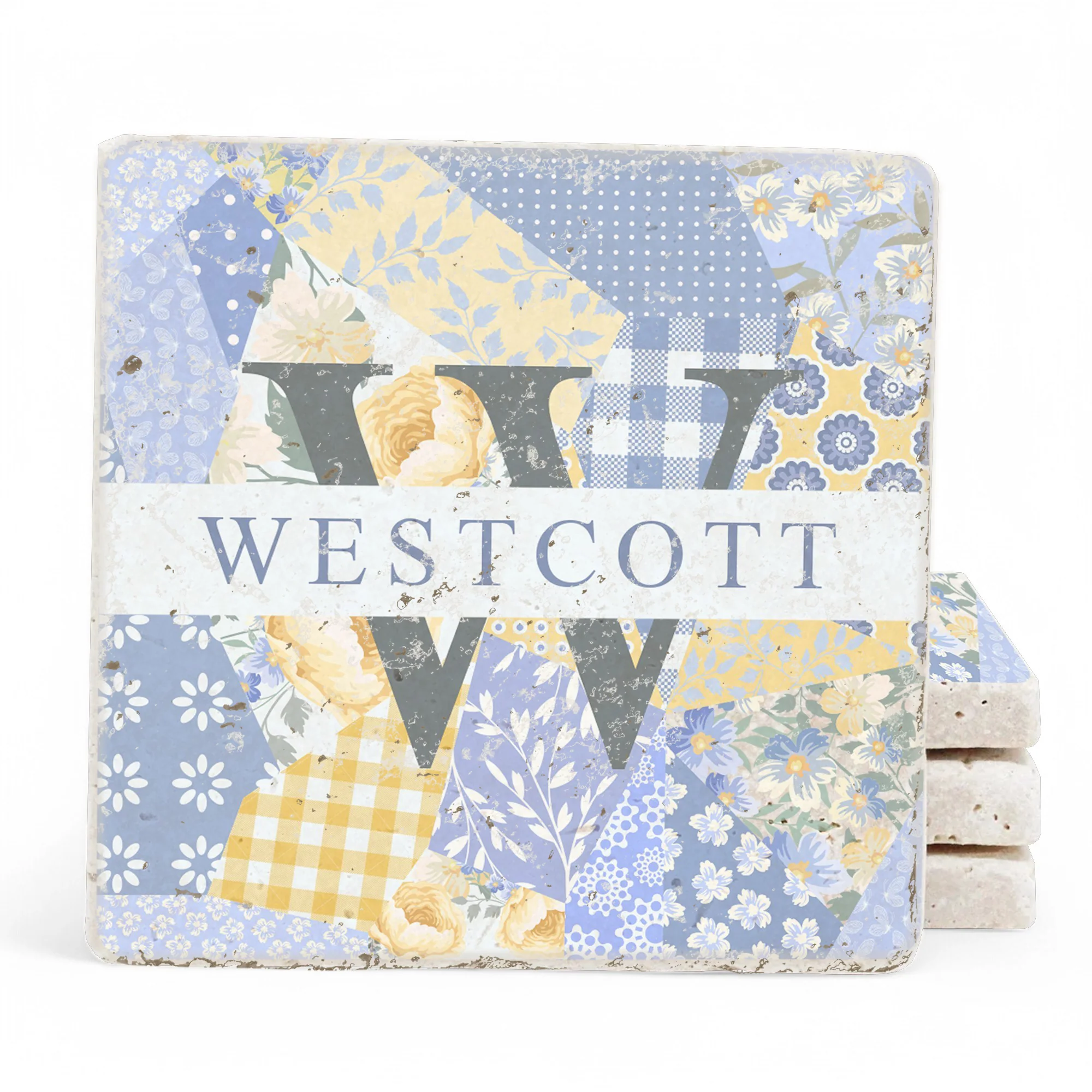 Personalized Set of 4 Patchwork Floral Travertine Coasters - Image 2