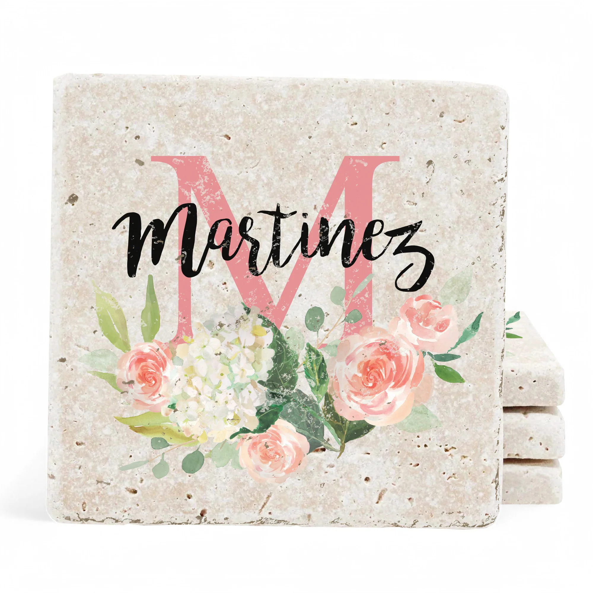 Personalized Set of 4 Peonies Floral Travertine Coasters - Image 2