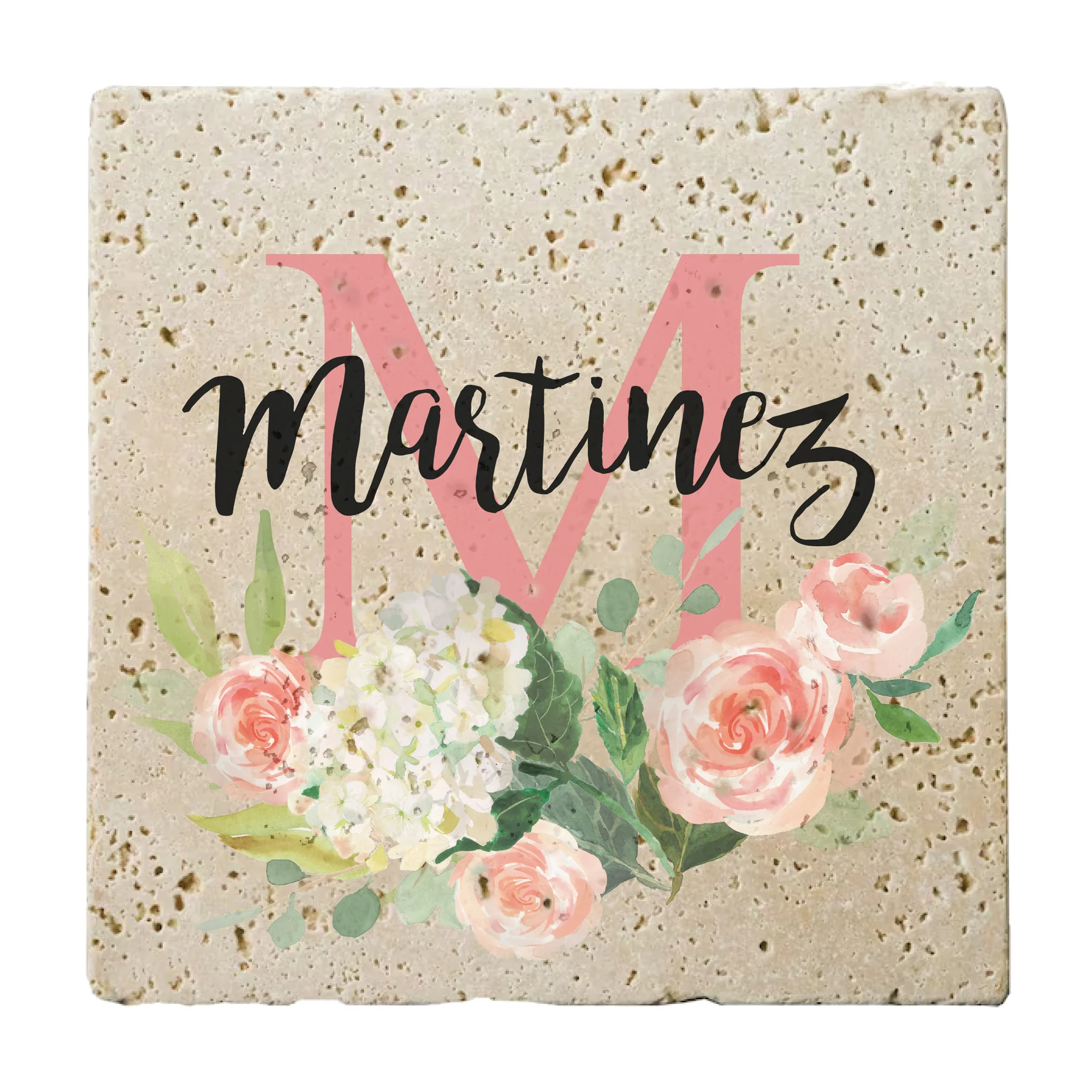 Personalized Set of 4 Peonies Floral Travertine Coasters - Image 3