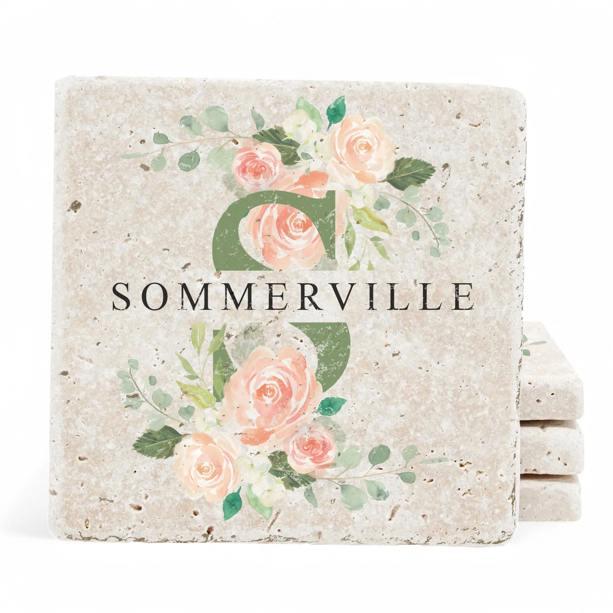 Personalized Set of 4 Spring Roses Travertine Coasters - Image 2