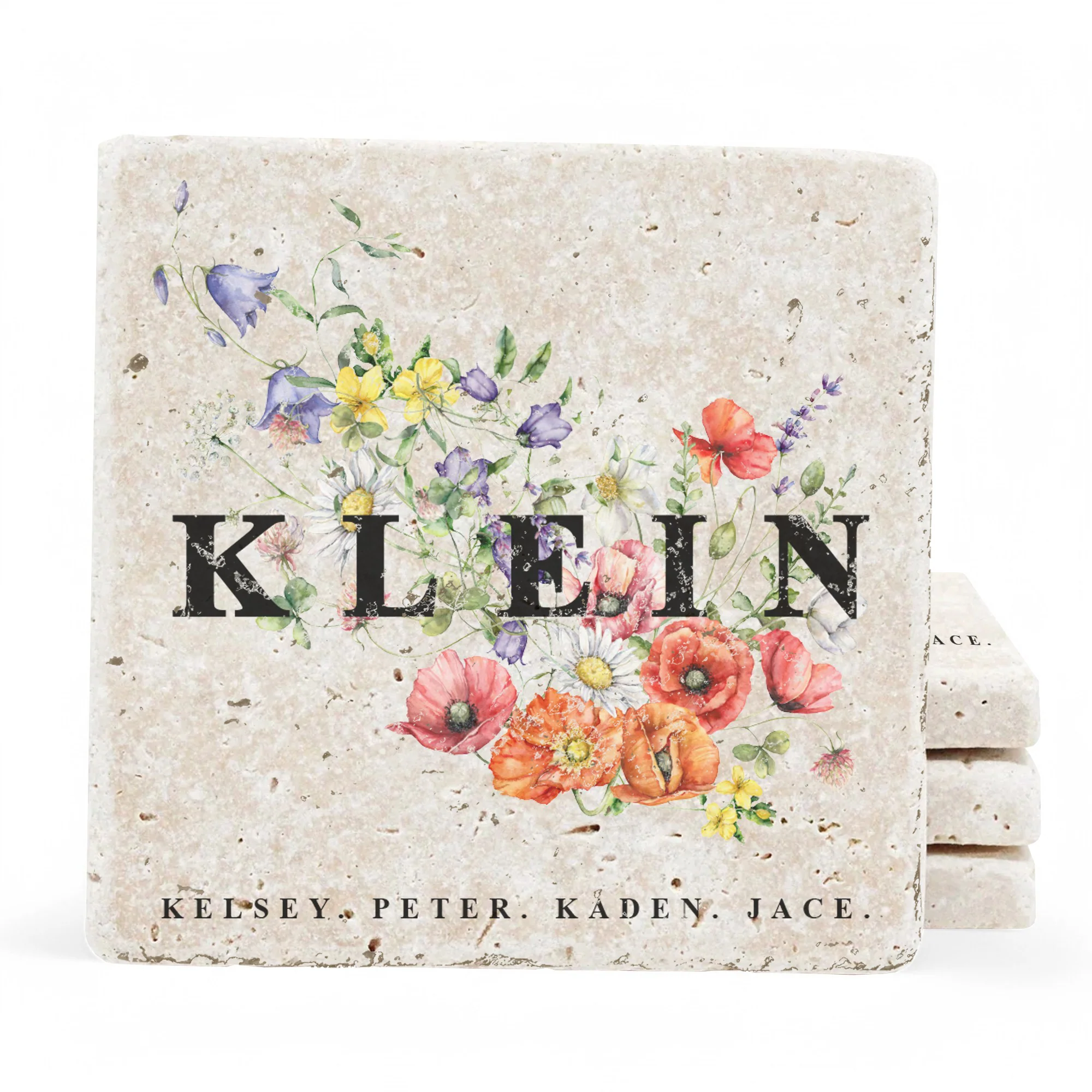 Personalized Set of 4 Wildflower Travertine Coasters - Image 2